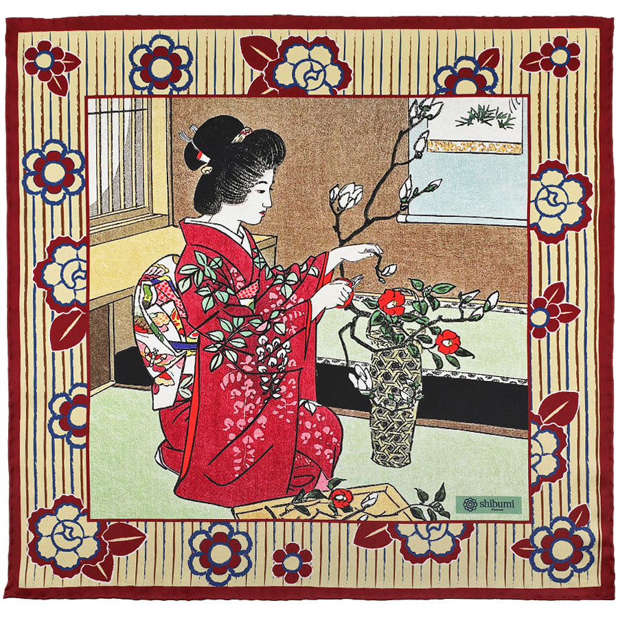 Ukiyo E Silk Pocket Square Ikebana I 40x40cm