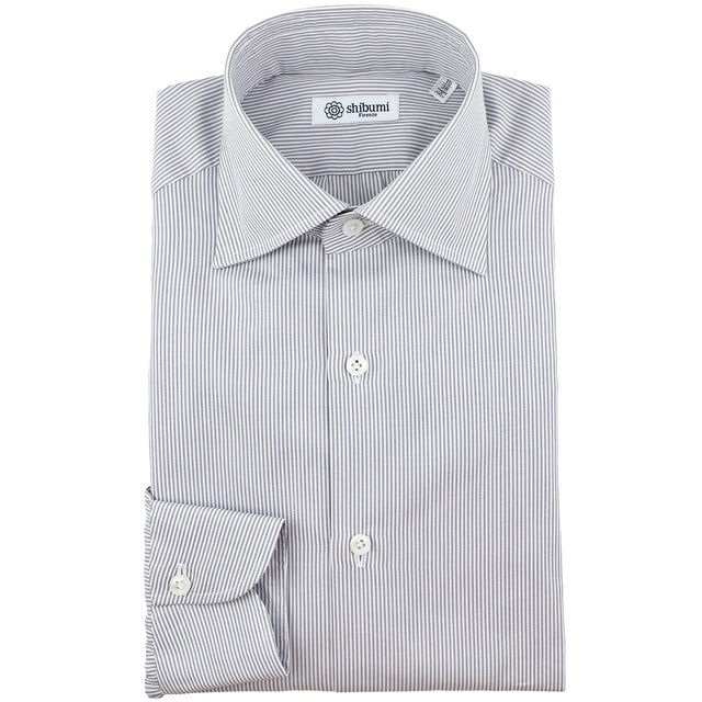 Poplin Semi Spread Shirt - White / Light Grey - Hairline Stripe