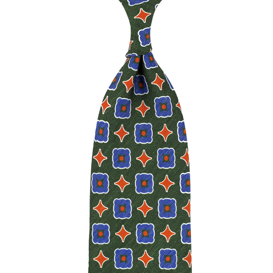 Floral Printed Silk Linen Tie Green Hand Rolled