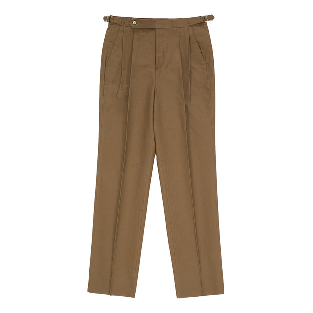 Cotton adjust Double Pleats relaxed Chino Pants (Brown)