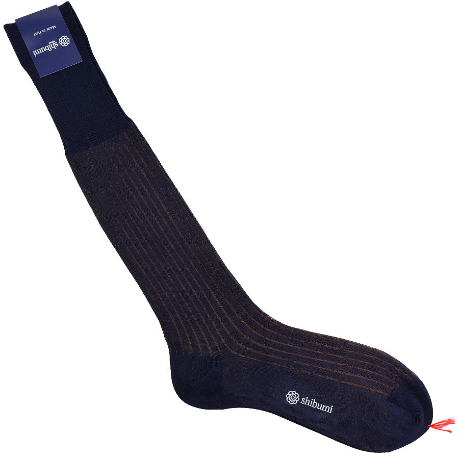 Knee Socks Shadow Stripes Navy Chestnut Pure Cotton