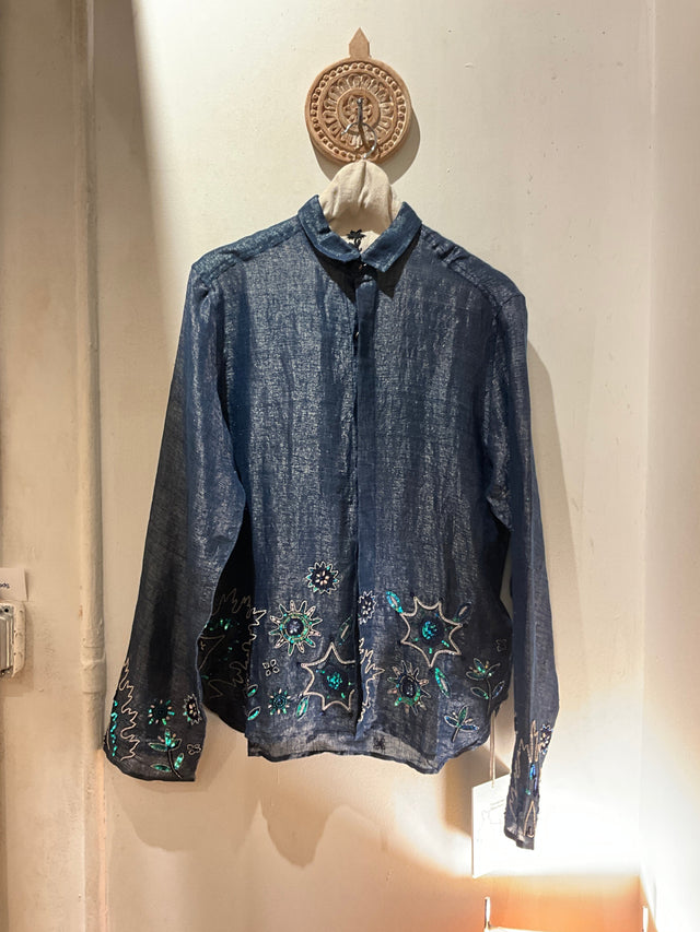 Box shirt silk/linen beaded