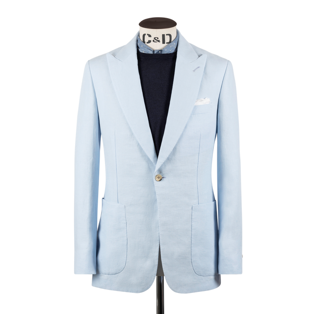Single Breasted Peak Lapel Jacket in Sky Blue Linen