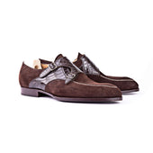 Double buckle monk with Norwegian apron and croc suede saddle