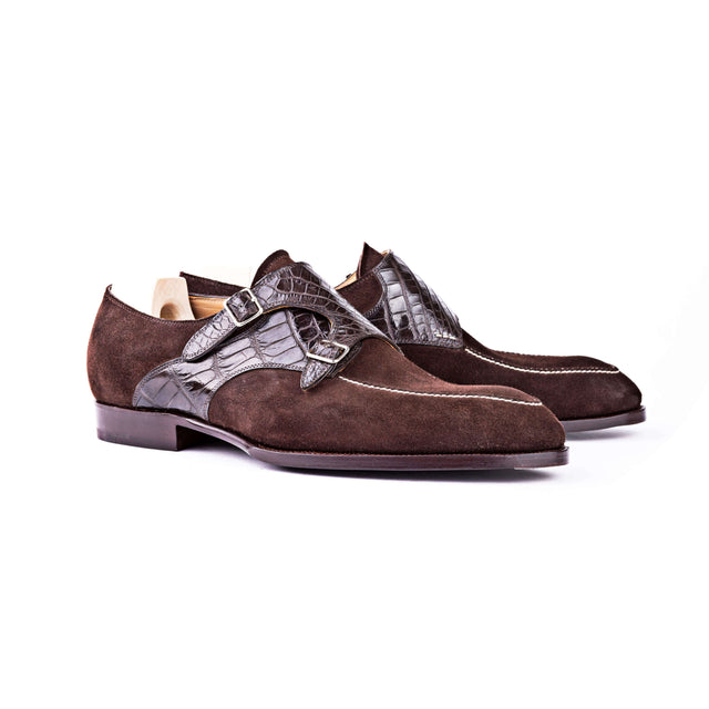 Double buckle monk with Norwegian apron and croc suede saddle