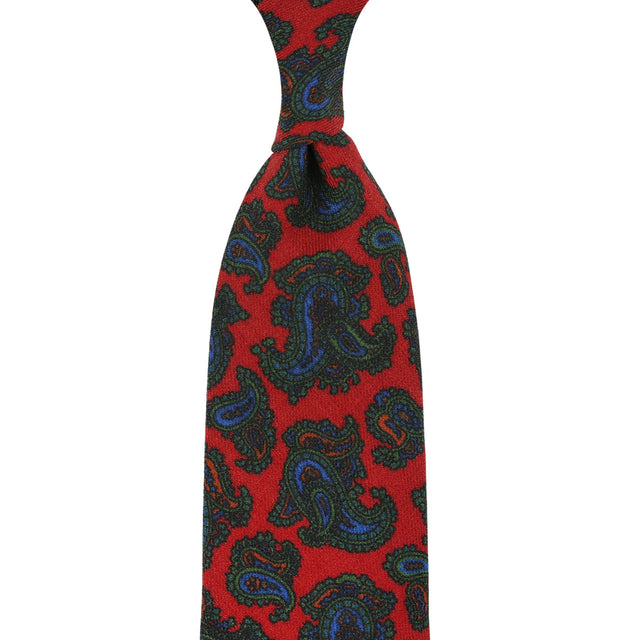 Paisley Printed Wool Challis Tie - Cherry - Hand-Rolled