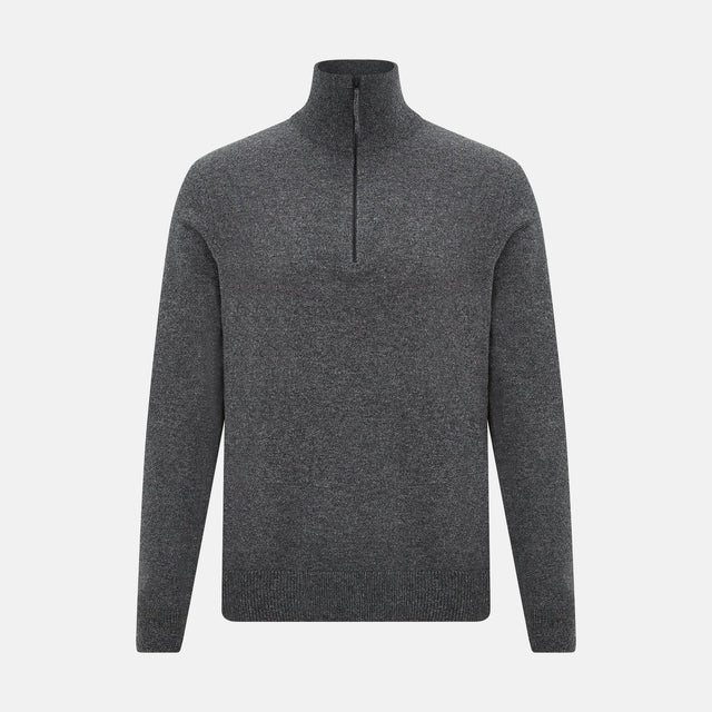 Charcoal Grey Melange Half-Zip Cashmere Jumper