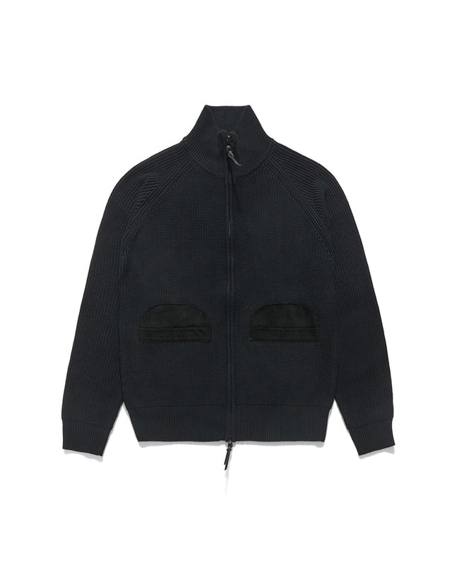 LEATHER PATCH DRIVERS ZIP-UP KNIT / BLACK