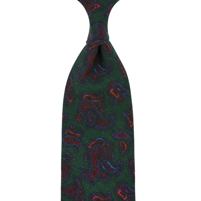 Paisley Printed Wool Challis Tie - Forest - Hand-Rolled