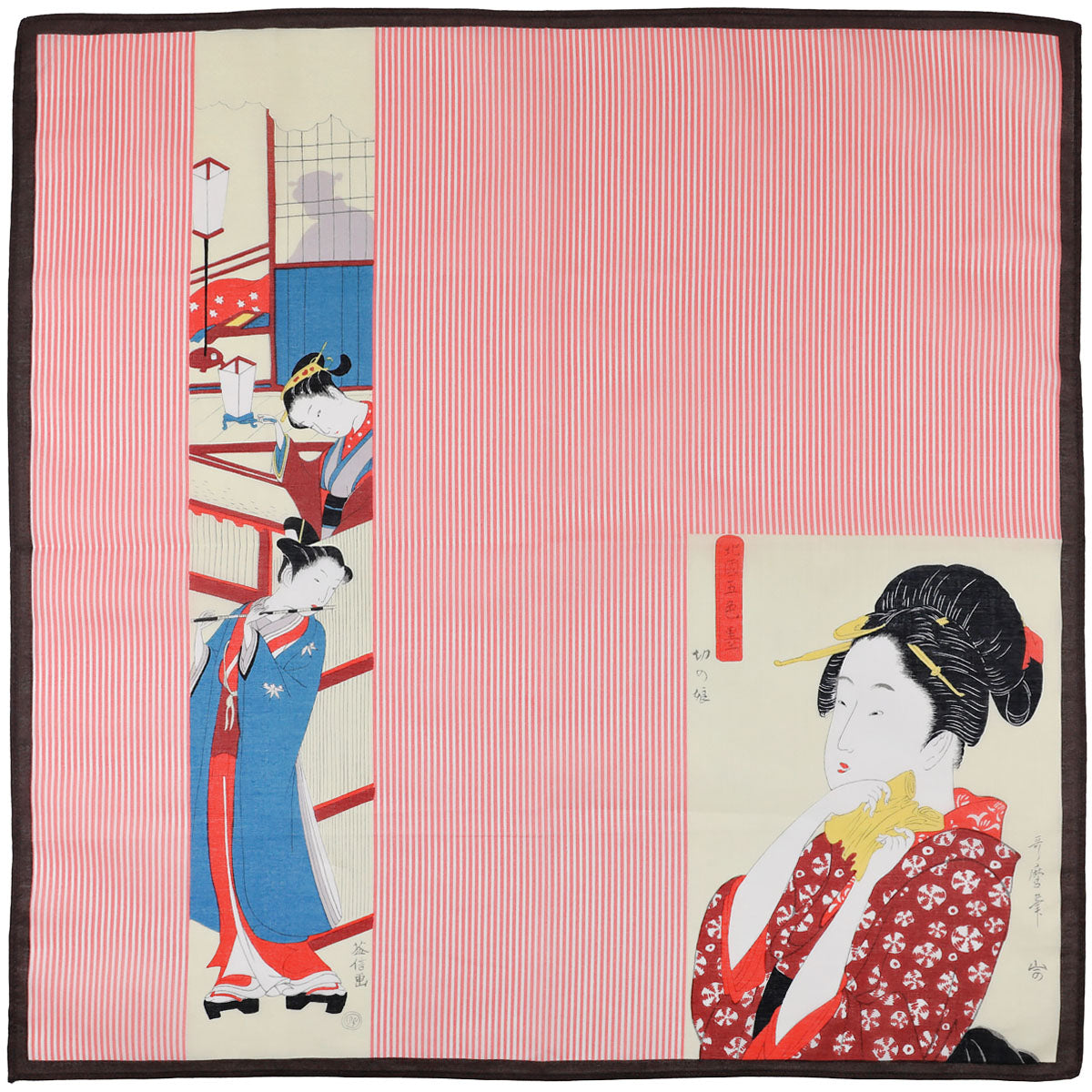 Ukiyo E Motif Cotton Handkerchief Red