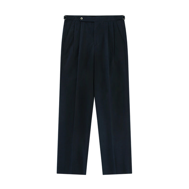 Linen / Cotton Twill adjust 2Pleats relaxed Trousers (Navy)