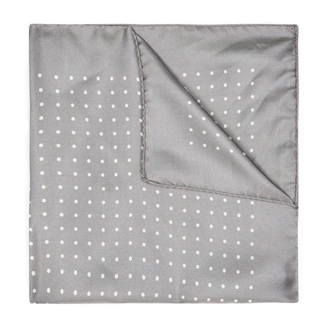 Silver Grey and White Spot Silk Pocket Square