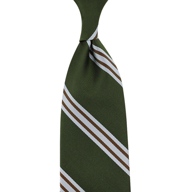 Japanese Repp Stripe Silk Tie - Olive - Hand-Rolled