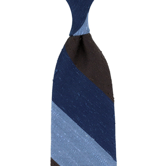 Triple Block Stripe Soft Shantung Silk Tie Brown Navy