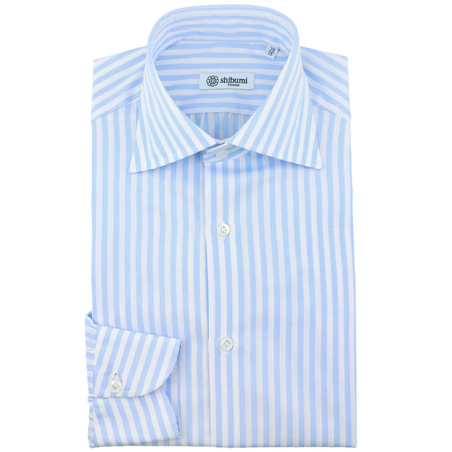 Poplin Semi Spread Shirt - White / Light Blue - Butcher Stripe