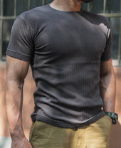 1950s Ribbed Cotton-Spandex Blend T-Shirt - Dark Gray