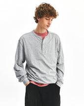 Henley Neck L S T Shirts Melange Grey