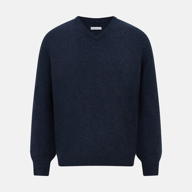 Navy Melange Cashmere V-Neck Jumper