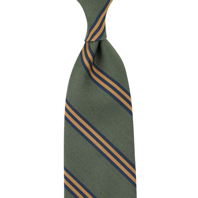 Mogador Striped Silk / Cotton Tie - Olive - Hand-Rolled