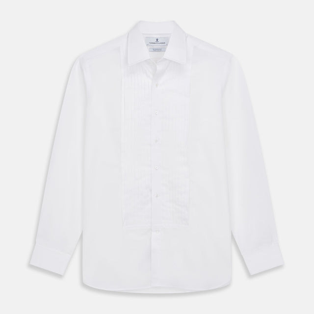 White Pleated Cotton Dress Shirt with T&A Collar and Double Cuffs
