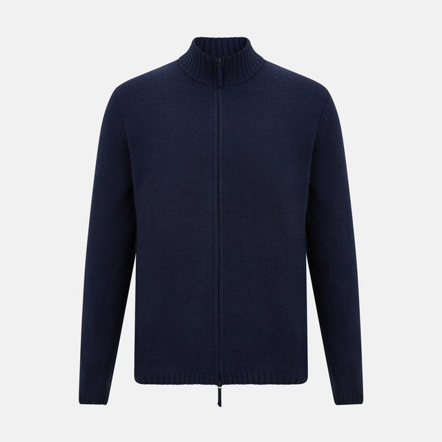 Navy High Neck Merino Zipped Cardigan