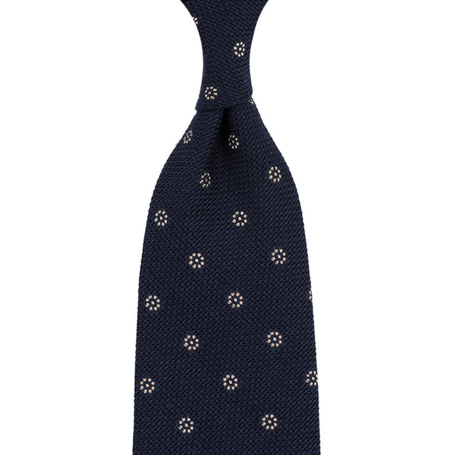 Floral Cashmere / Silk Grenadine Tie - Navy - Hand-Rolled