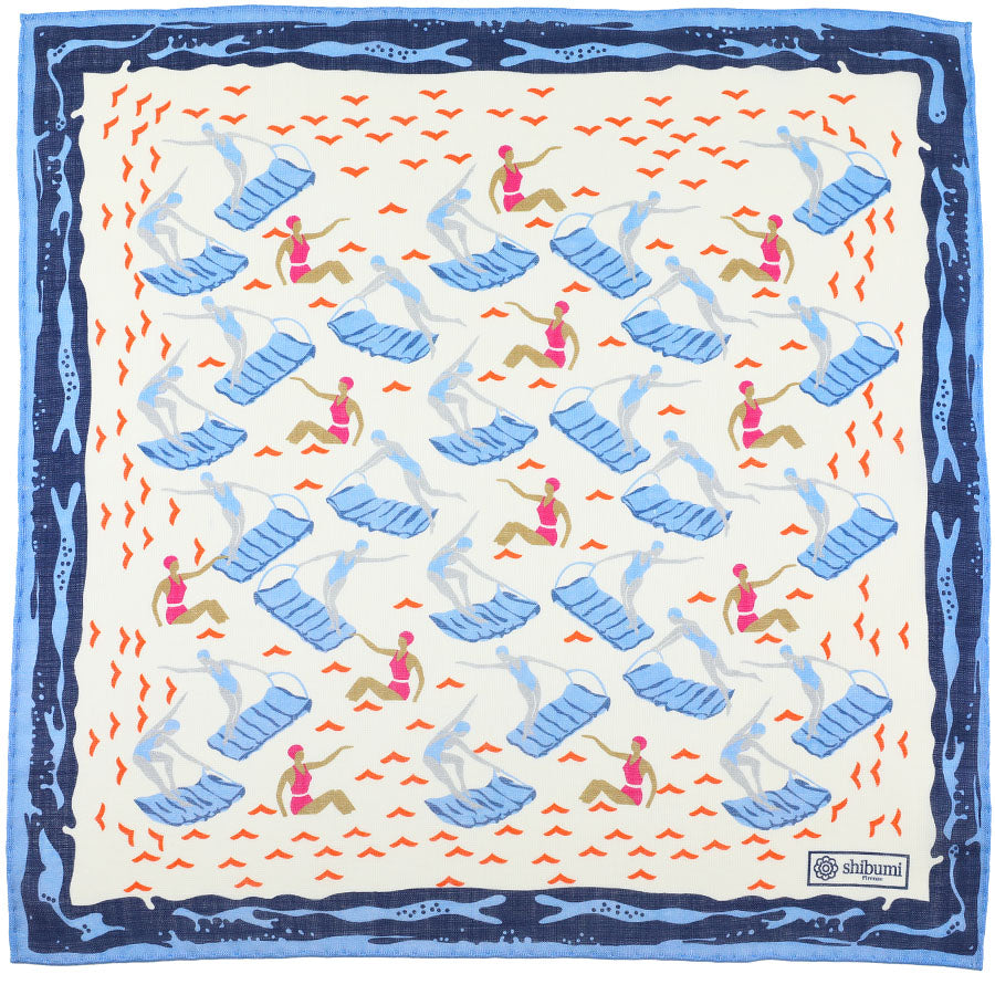Beach Motif Wool Silk Pocket Square White 40x40cm
