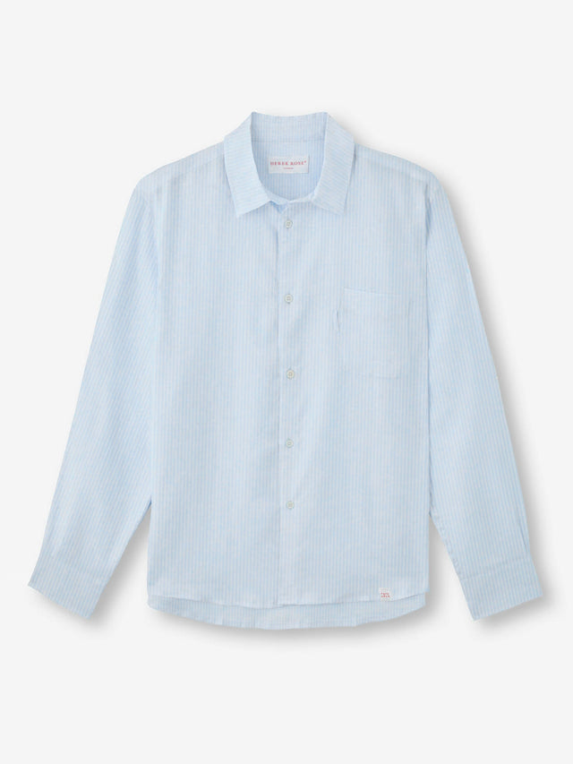 Men's Long Sleeve Shirt Malibu Woven Linen Light Blue and White Stripe
