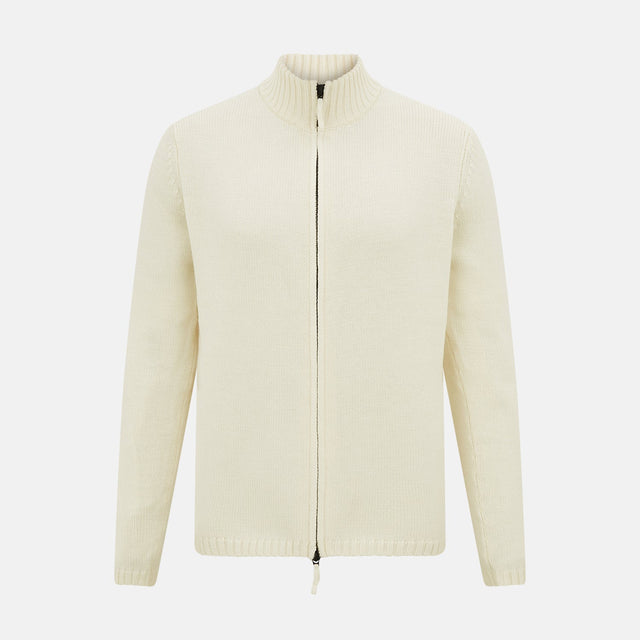White Merino High Neck Zipped Cardigan