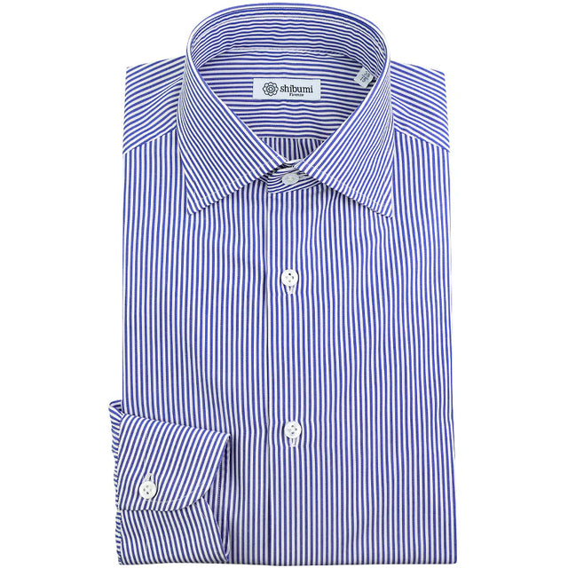 Poplin Semi Spread Shirt - White / Blue - Pencil Stripe
