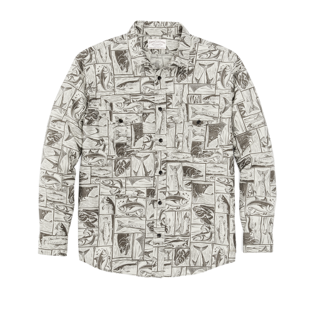 Lightweight Alaskan Guide Shirt - Stone Brown Cutwork Fish Print