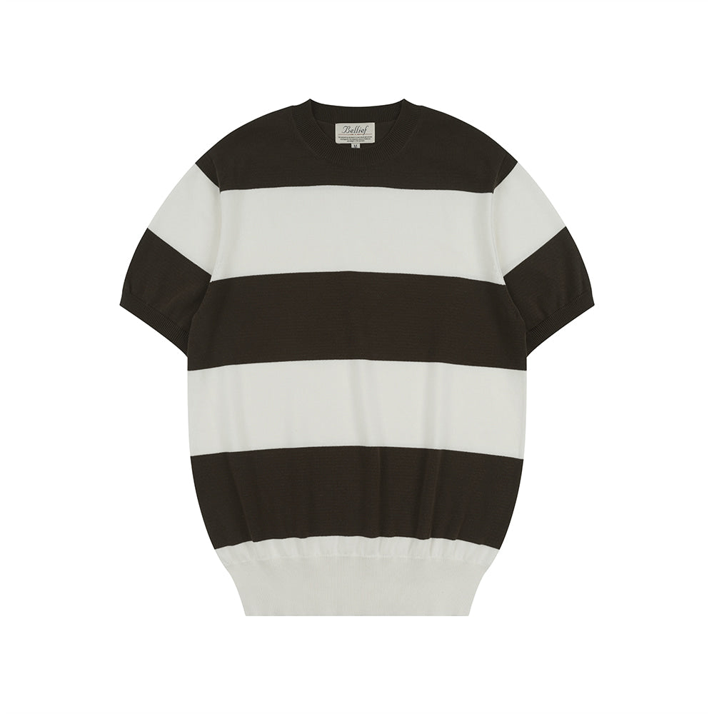 Essential Hard Twist Cotton Short Sleeve Striped Knit Brown