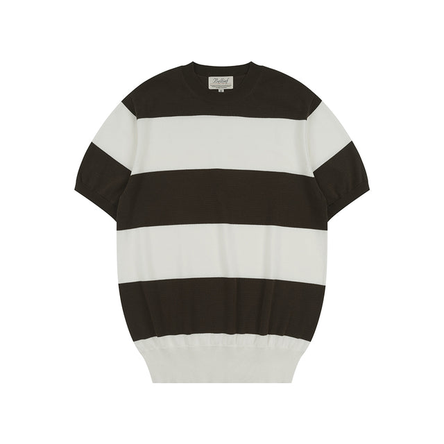 Essential Hard Twist Cotton Short Sleeve Striped Knit (Ivory/Brown)