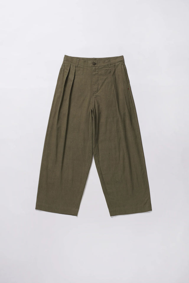 Cotton Pleated Trousers in Khakhi Green