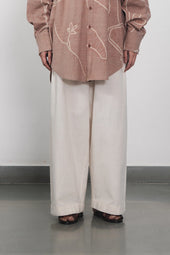 Ecru Cotton Pleated Trousers