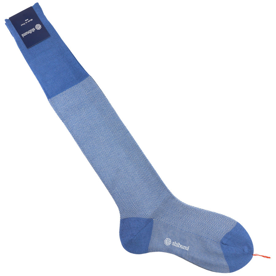Knee Socks Herringbone Cornflower Pure Cotton