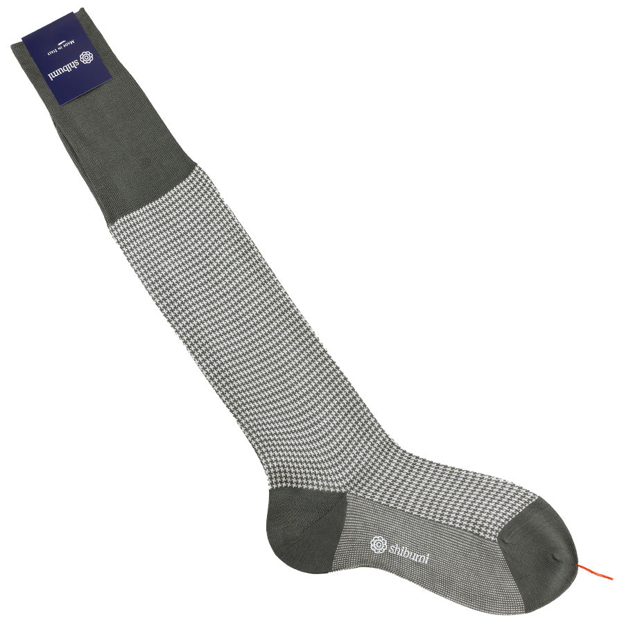 Knee Socks Houndstooth Mid Grey Pure Cotton