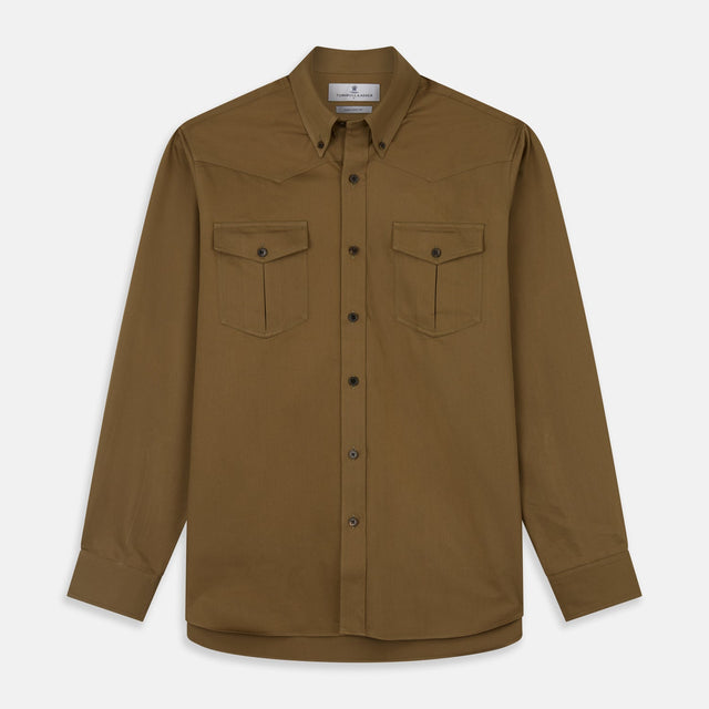 Khaki Cotton Weekend Fit Western Shirt with Dorset Collar