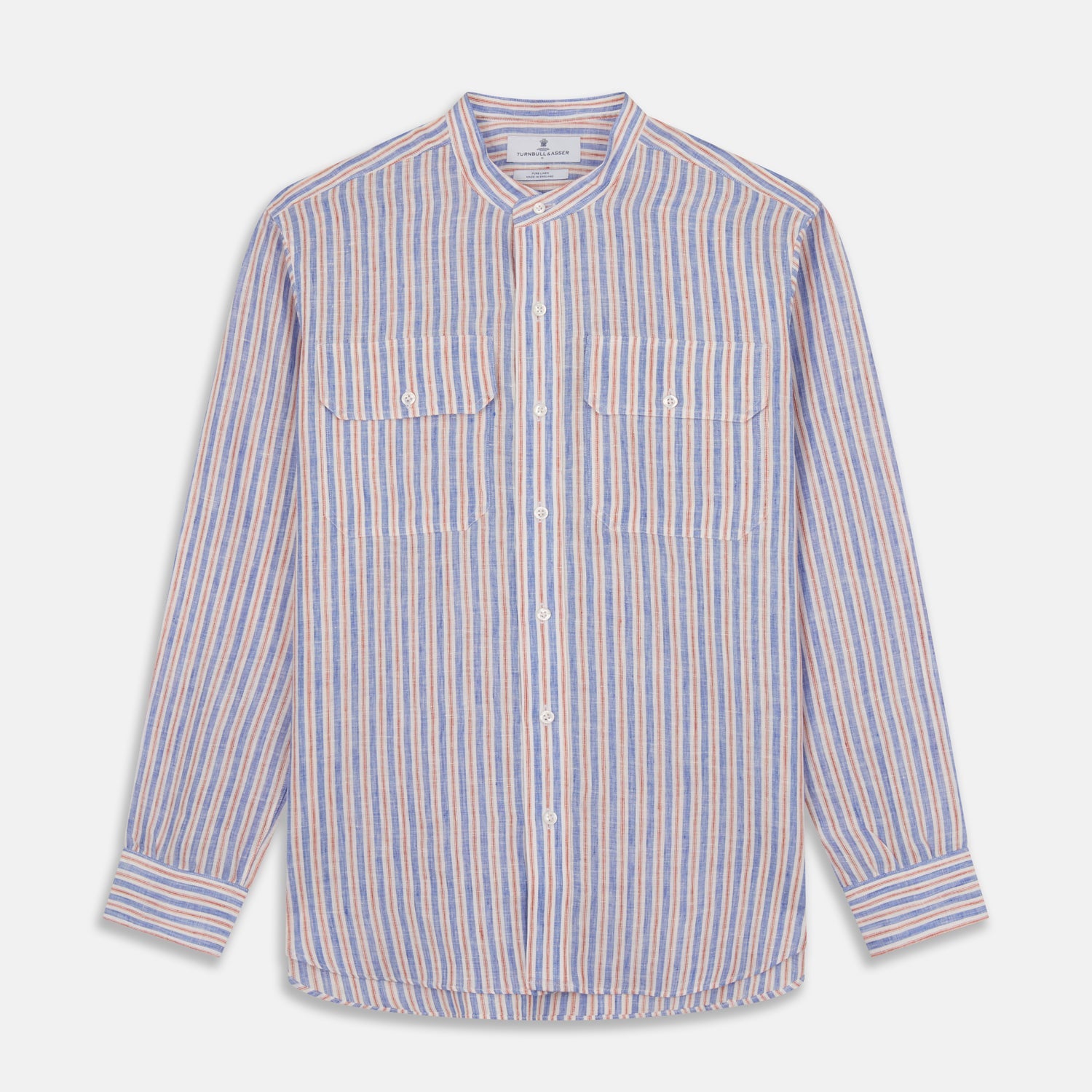 Blue & Red Linen Stripe Weekend Fit Shirt with Stand Collar