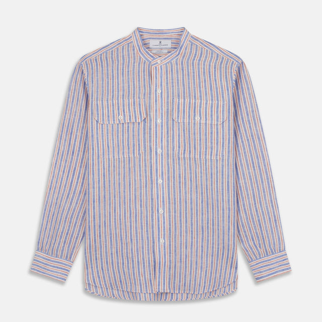Blue & Red Linen Stripe Weekend Fit Shirt with Stand Collar
