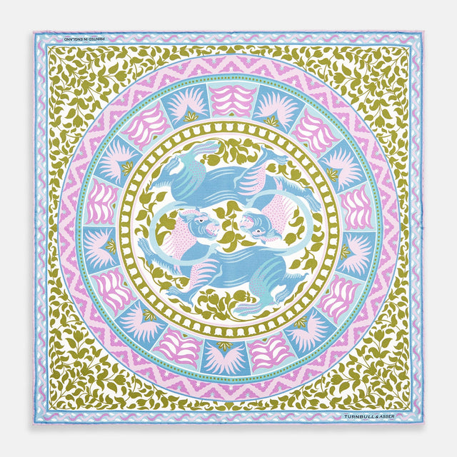 Green Multi Griffins Silk Pocket Square