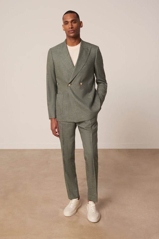 Cabaneros double-breasted suit in virgin wool, silk, and linen