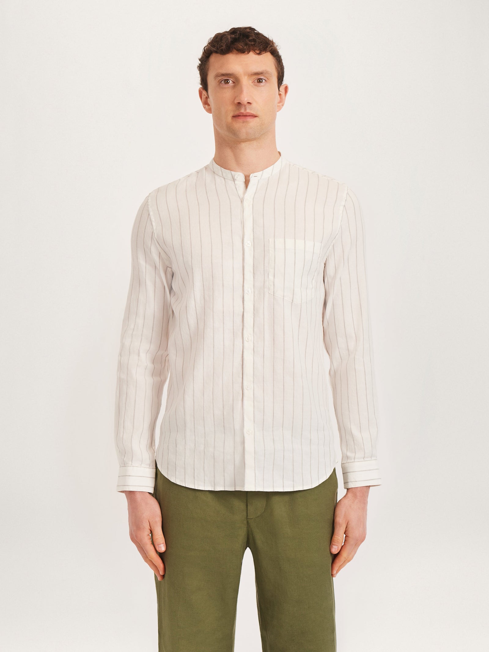 The All Day Shirt Linen Collarless Stripe Linen