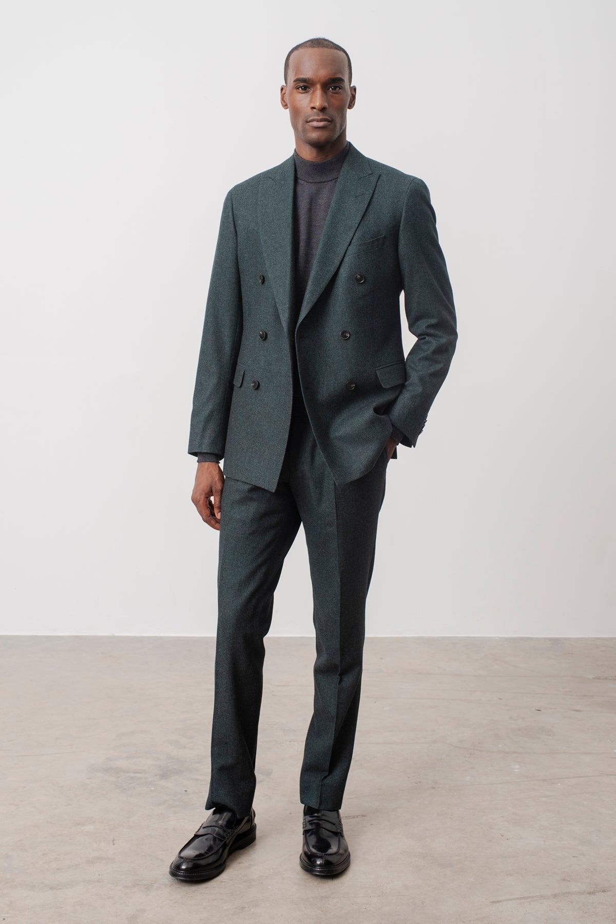 Cornish double-breasted suit in wool, cotton, and silk