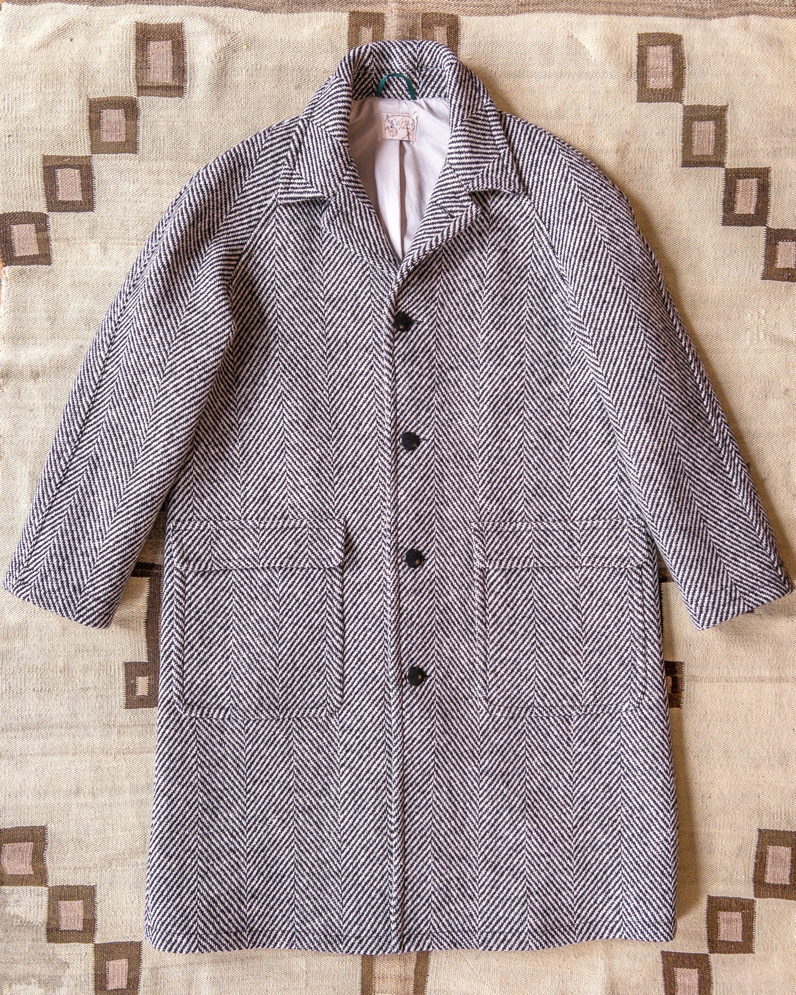 Raglan Wool Overcoat Cream Herringbone Tweed