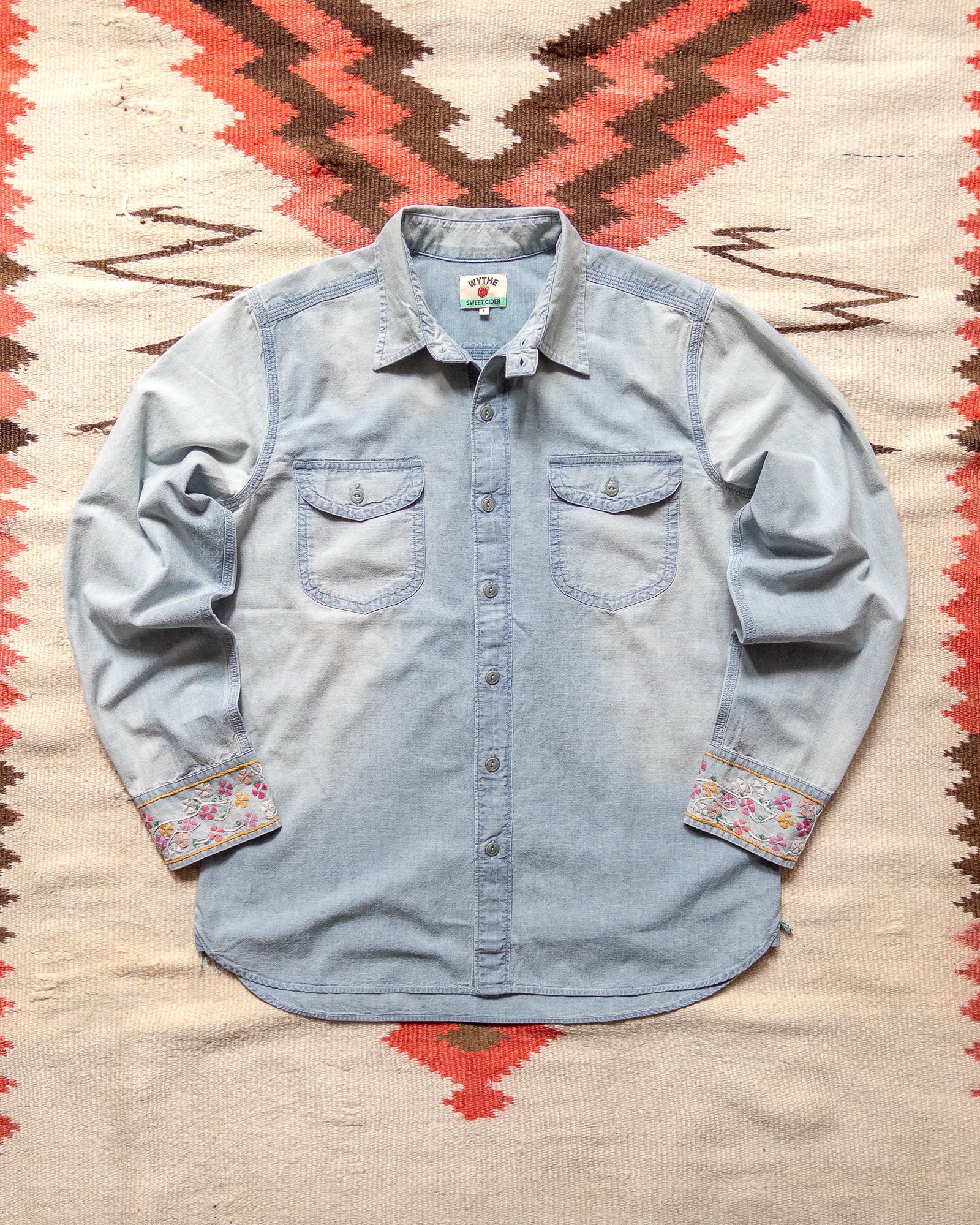 Embroidered Chambray Workshirt Distressed And Sunfaded