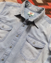 Embroidered Chambray Workshirt - Distressed and Sunfaded Indigo