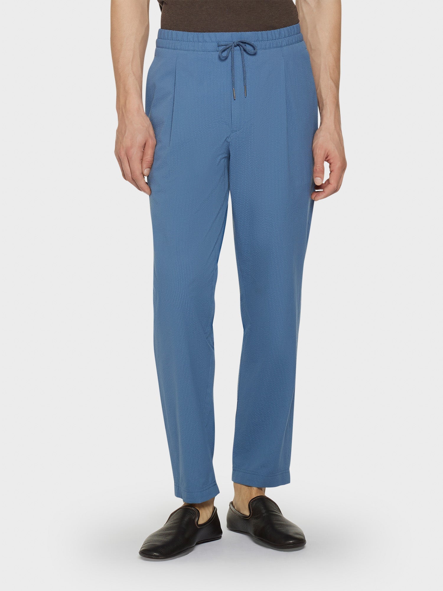 Pantalone Jogger In Seersucker Di Cotone Azzurro