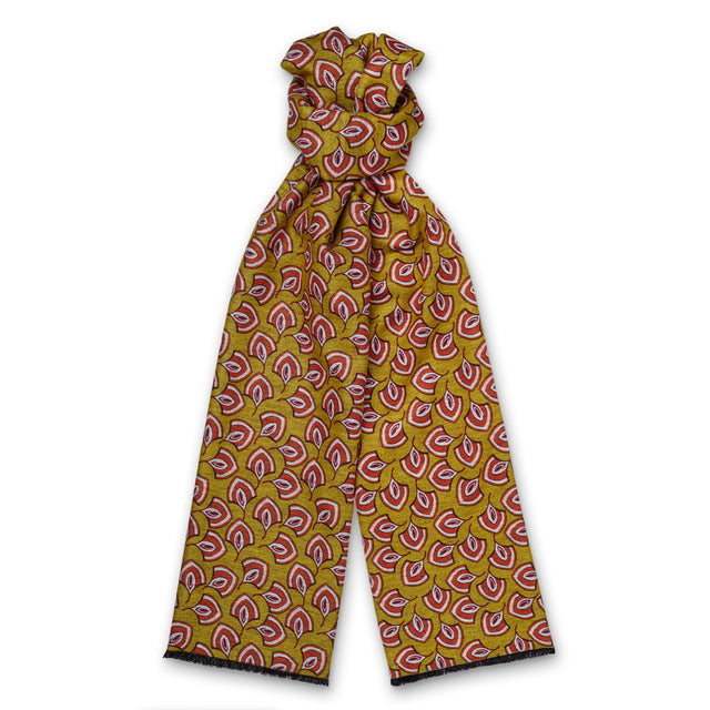 Mustard Leaf Print Brushed Silk Scarf