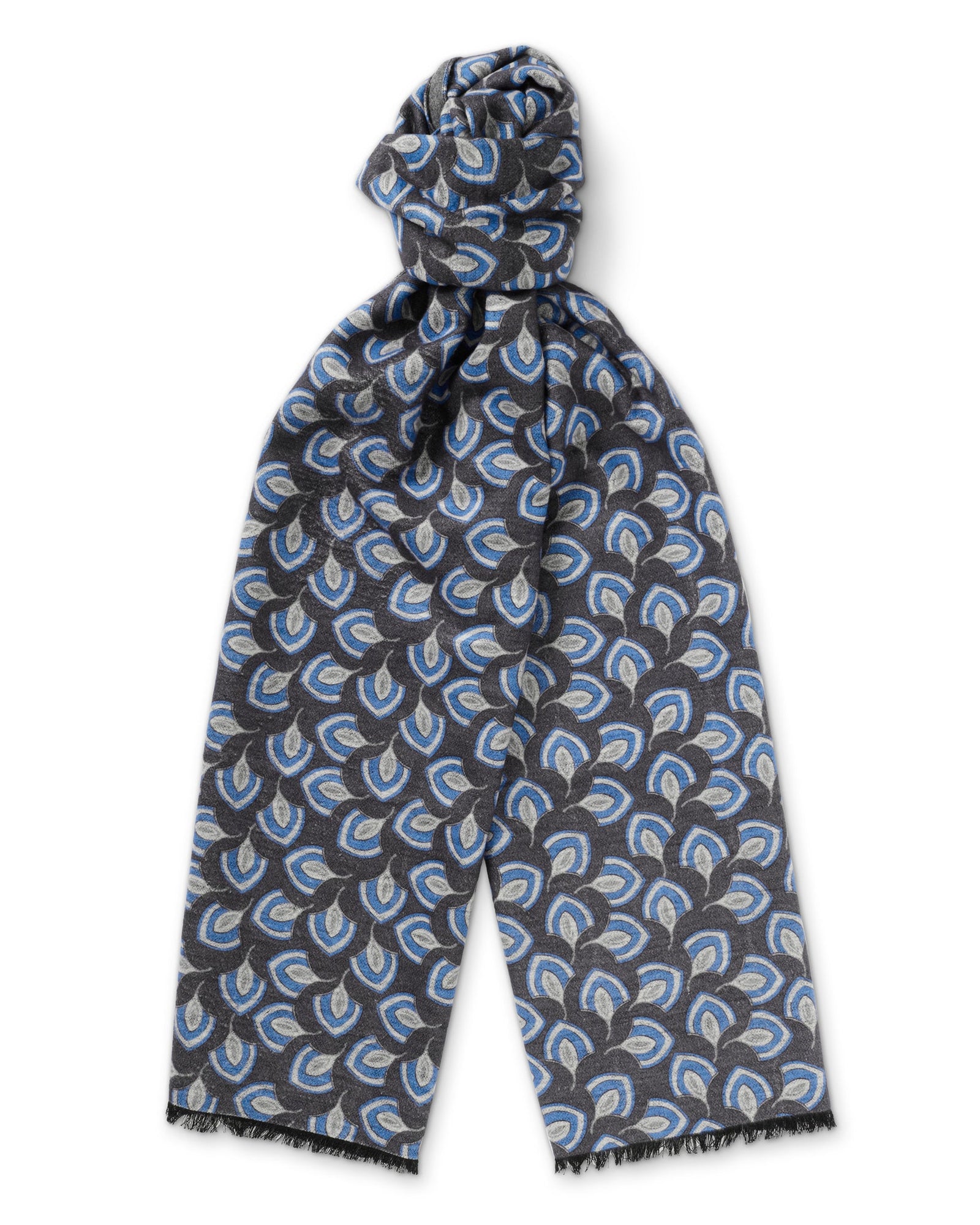 Grey And Blue Leaf Print Brushed Silk Scarf